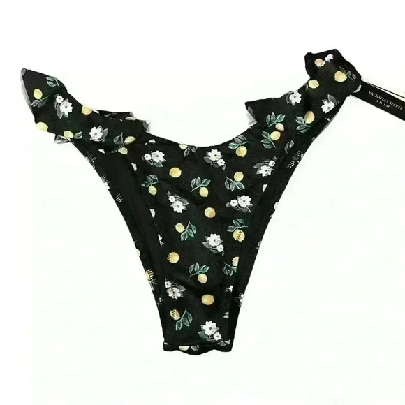 🎉Host Pick Victoria's Secret itsy ruffle bikini BOTTOM black lemon floral Small - Picture 3 of 10